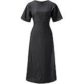 winkbay Women's Striped Maxi Dress Summer Ruched Crew Neck Short Sleeve Dresses Business Casual Outfits