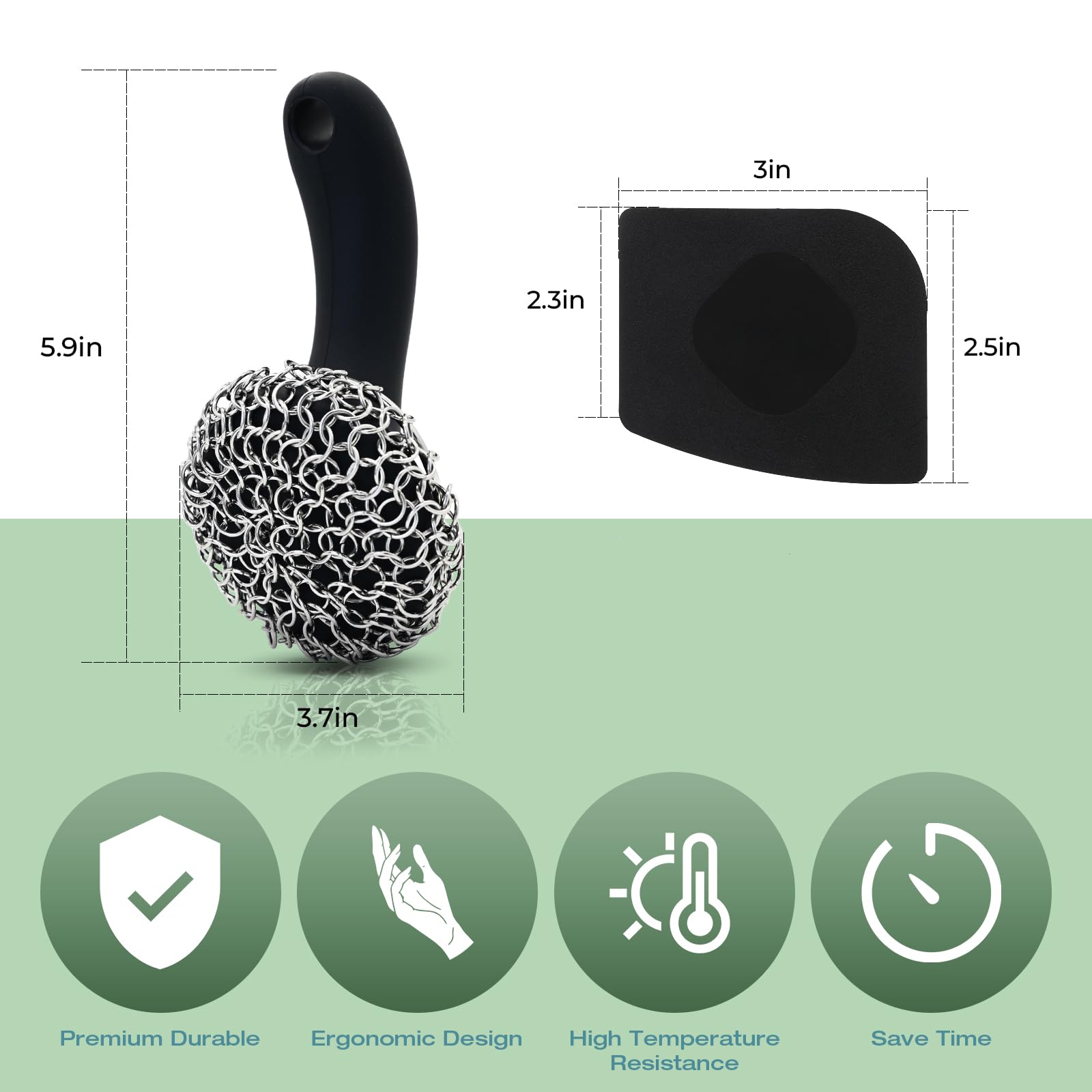 Cast Iron Scrubber with Long Handle | 316 Cast Iron Cleaner Chainmail Scrubber for Cast Iron Pan Skillet Cleaner - Dish Scouring Pad Dishwasher Safe Cleaning Kit (Black, 1 Scrubber + 1 Scraper)