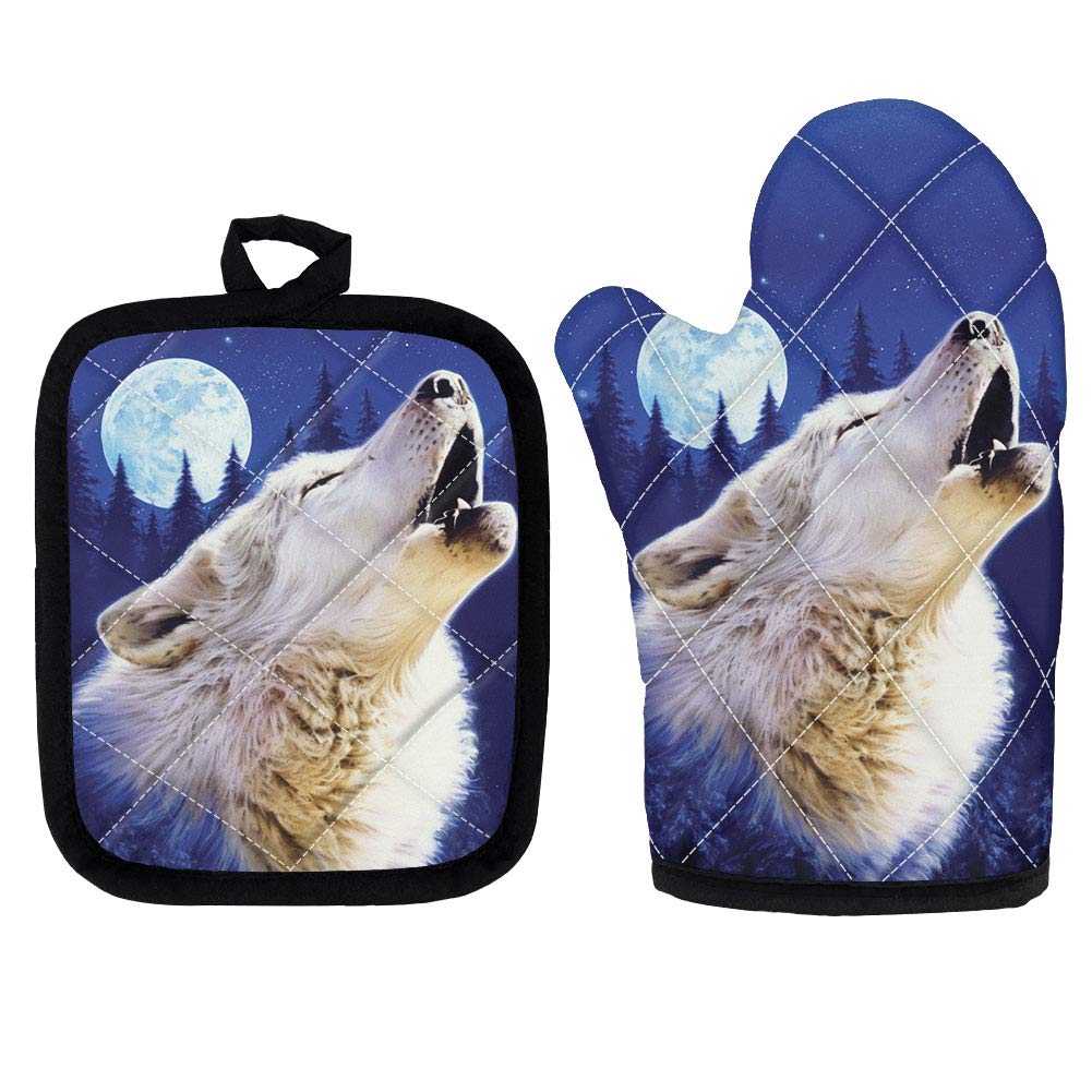 HUGS IDEA Fashion Blue White Wolf Oven Gloves - Heat Resistant Grill BBQ Gloves with Fingers Oven Mitts Kitchen Cooking Gloves for Baking, Grilling, Barbeque