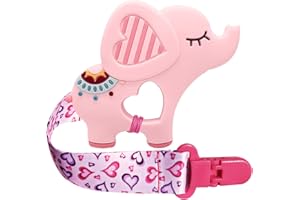 BIGSPINACH 1 Soft Dinosaur Teether for Babies and 1 Baby Pacifier Clip, Valentines Day Gifts for Baby Girl Boy,Silicone Chew Toys for Baby (Pink Elephant)