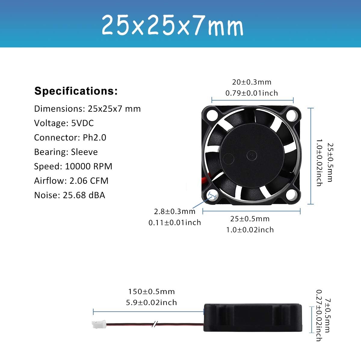 GDSTIME 5V 25mm x 7mm Cooling Fan 2507 DC Brushless Cooling Tiny Fan High Speed Computer Mini Heatsink Radiator - Image 3