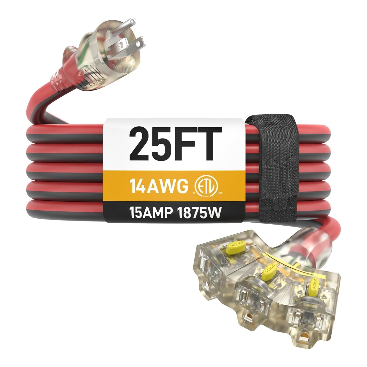 Photo 1 of 25FT Outdoor Extension Cord with Multiple Outlets, 14/3 Gauge Medium Duty, 15A 1875W, 3 Prong with LED Light & Locking Plug, Weather Resistant, ETL Certified for Lawn Mower, Tools, Christmas Lights