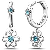 Blue CZ Daisy Hoop Earrings S925 Sterling Silver Flower Dangle huggie Earrings Dainty Hypoallergenic Floral Jewelry Gifts for Daughter Birthday Wedding