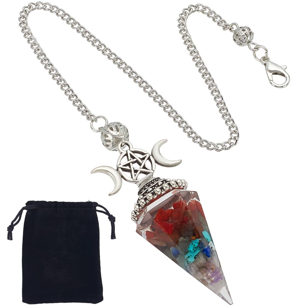SUNNYCLUE 1 Box 2Pcs Crystal Pendulums Dowsing Pendulum Set Colorful Hexagonal Pointed Cone Natural Stone Pendulum with Chain Reiki Chakra Gem Chip Pendant Charm Sets for Dowsing Divination Protection