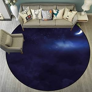Bedroom Round Rugs,Fantasy,Crescent Moon Sky Stars,Machine-Washable/Non-Slip,3'11"