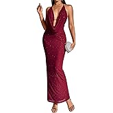 KUTUMAI Women V Neck Long Formal Dress Floral Bodycon Maxi Split Back Dresses Sexy Sequin Evening Cocktail Party Gown