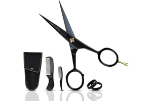 Ontaki Professional Beard Scissors for Men - 5 in Hand-Forged Black 410C German Steel - Includes 2 Combs & PU Pouch - Beard & Mustache Grooming Kit