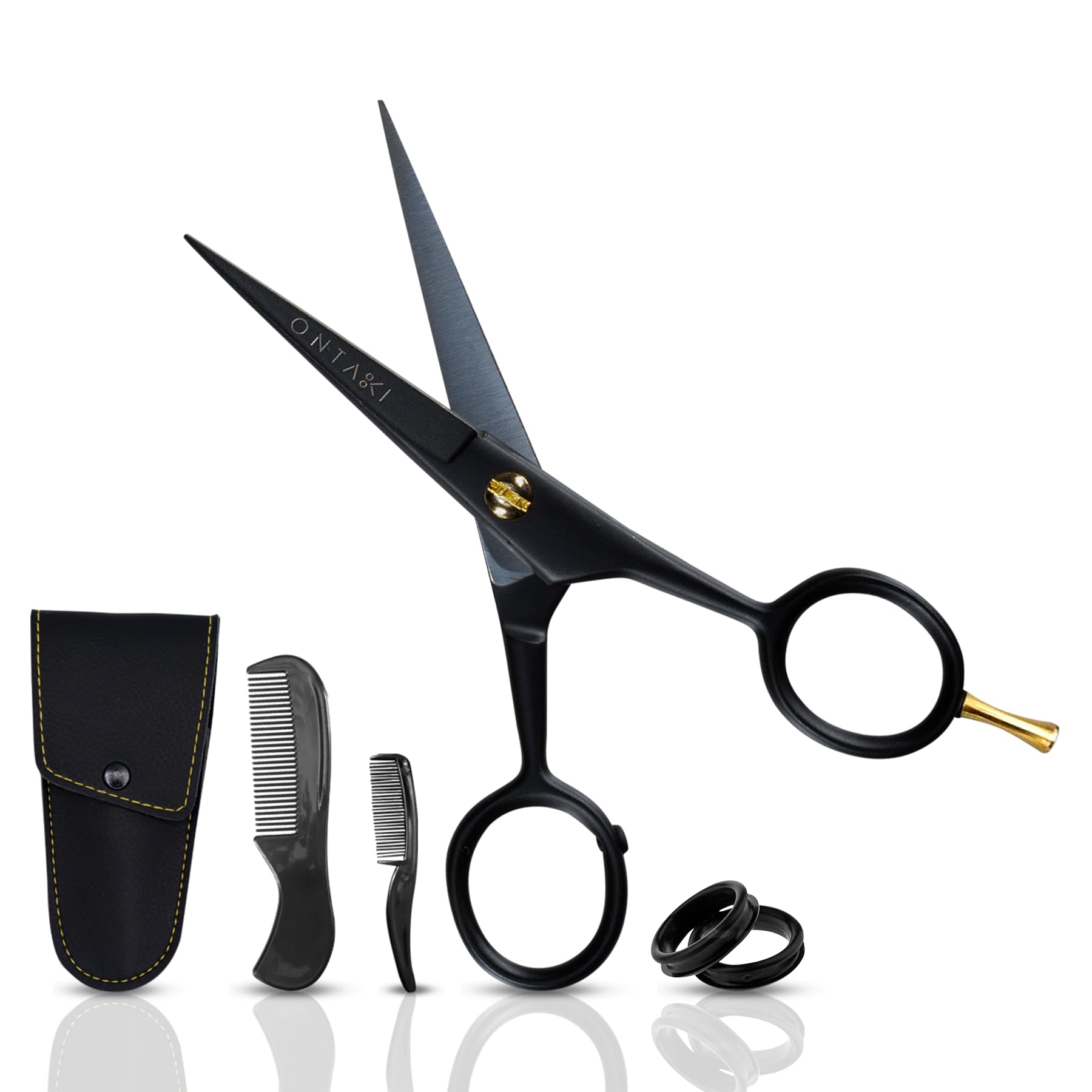 Ontaki Beard & Facial Hair Scissors - 5in Black with Finger Rest - Precise Long Beard Scissors - Includes Eyebrow Comb for Styling - Grooming Comb & PU Leather Travel Case