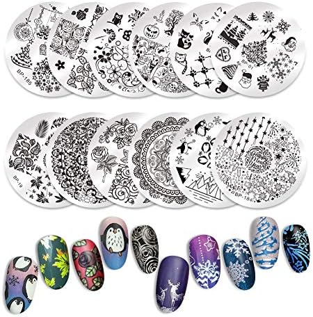 BORN PRETTY Nail Art Stamp Templates Stamping Image 12Pcs Round Flower Leaves Lace Cute Animal Christmas Stamp Plates