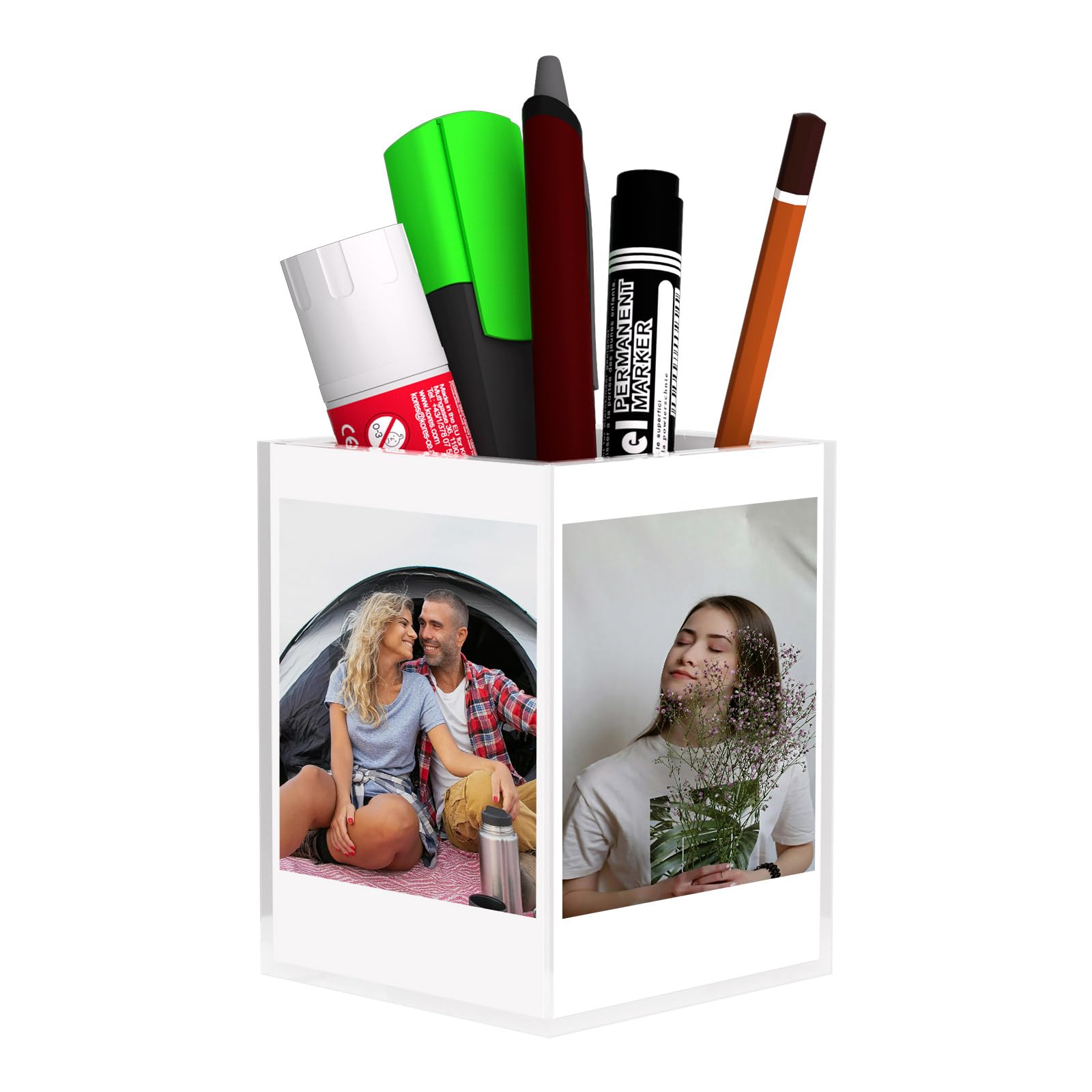 Photo 1 of Polaroid Frame for 2x3 Pictures, Instax Mini Frame, Small Acrylic Clear Desk Photo Cube 4-Sided Displays 3 in Sprocket Photos, with Pen Holder for Office Organizer
