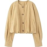 Xunger Women's Faux Suede Button Jacket Oversized Gathered Hem Short Length Coat Casual Vintage Outerwear with Pockets