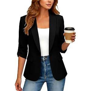 Blazers for Women 3/4 Sleeve Open Front Summer Business Casual Jackets with Pockets Lightweight Office Work Cardigan