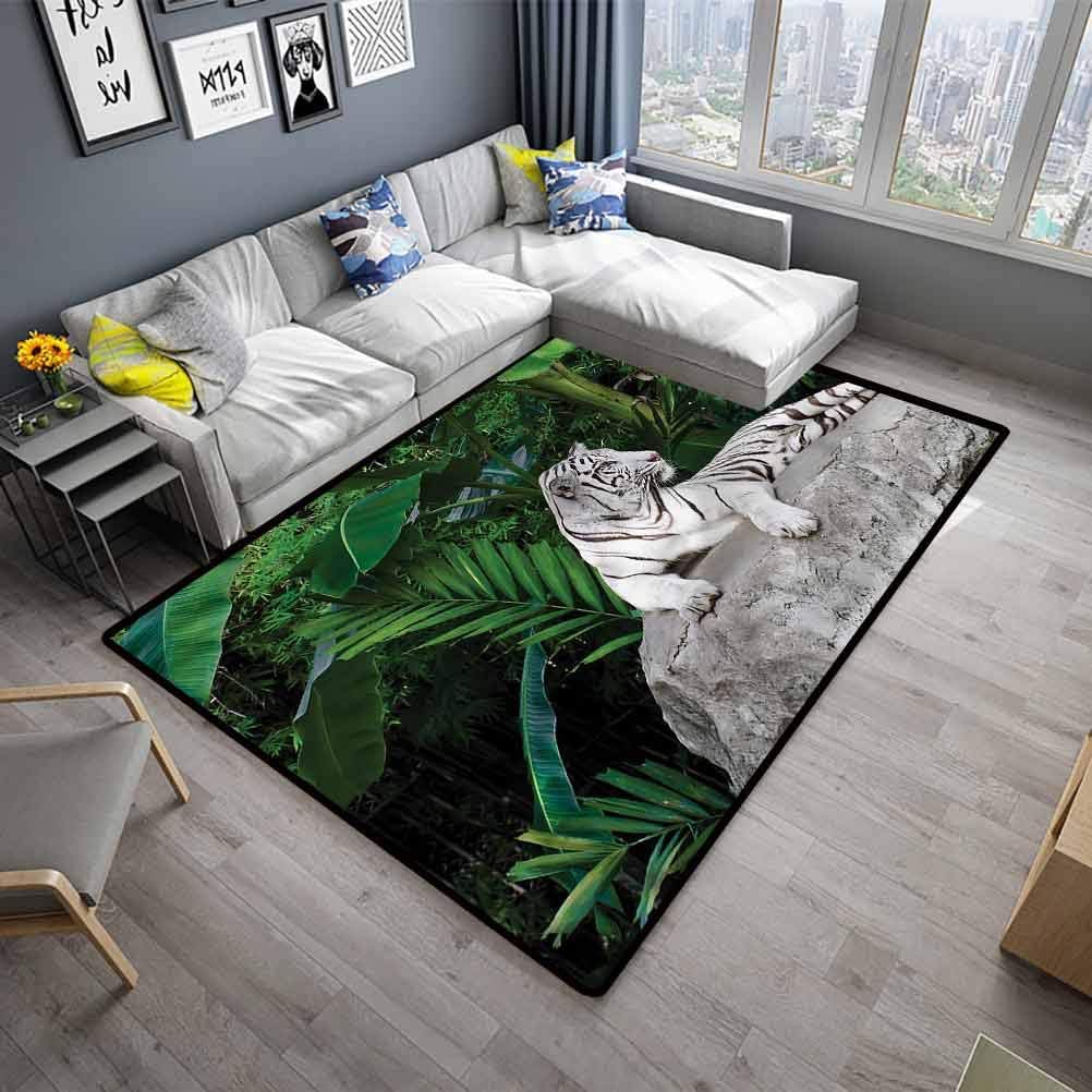 Floor Mat Safari for Dining Room Living Room Home Decoration White Tiger in Jungle (4'7"x6'6")