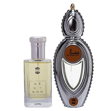 Ajmal Neutron EDP Citrus Fruity Perfume 100ml for Men and Wisal EDP Floral Musky Perfume 50ml for Women + 2 Parfum Testers FREE