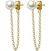 Reffeer Solid 925 Sterling Silver Pearl Chain Dangle Earrings Tassel for Women Teen Girls Pearl Chain Drop Earrings Studs