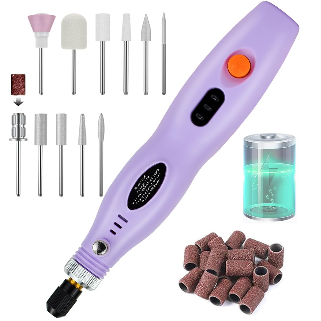 URHELP Electric Nail Files Rechargeable Nail Drill for Acrylic Nails Gel Remover 25000RPM Cordless Portable Efiles Manicure Pedicure (Purple)