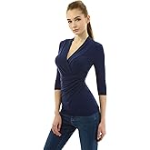 AmélieBoutik Women 3/4 Elbow Sleeve V Neck Twist Front Pleated Blouse