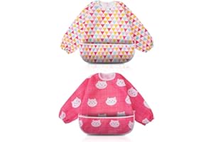 Little Dimsum Full Sleeved Feeding Bib 2 Pack,Baby & Toddler Waterproof Bib Apron,Food Protection Large Pocket Eating Smock 6-36 Months(Pink/Red)