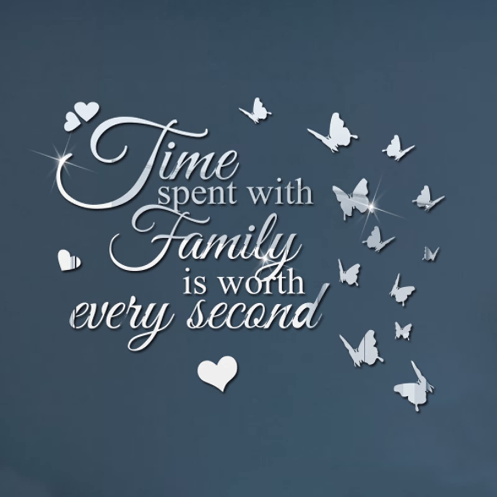 3D Acrylic Mirror Wall Stickers with Butterfly, Time Spend with Family Peel and Stick Mirror Wall Decal, Removable Mural DIY Wall Decor for Home Living Room Bedroom-Silver