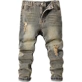 Nivne Tco Tween Boys Jeans Retro Distressed Washed Ripped Frayed Stretch Blue Zipper Fly Denim Pants with Five Pockets