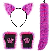 Faux Fur Cat Costume Set Wolf Ears Headband Paw Gloves and Tail Cosplay Set for Halloween Animal Costume Party