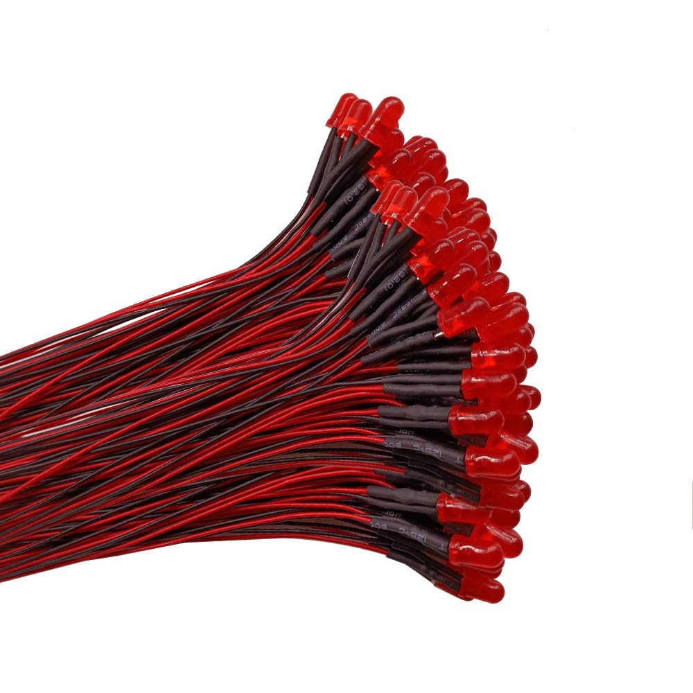 YIXISI 100 PCS 5mm LED Diodes Light with Diffused Colored Lens, Ultra Bright 12V 20cm Pre Wired, Red