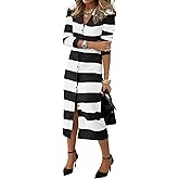 PRETTYGARDEN Women's Spring Sweater Dresses 2026 Long Sleeve V Neck Button Ribbed Knit Stripes Bodycon Midi Winter Dress