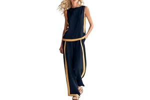 Summer Vacation Outfits for Women Cotton Linen Contrast Trim Two Piece Sets Tank Tops and Wide Leg Pants Matching Outfit