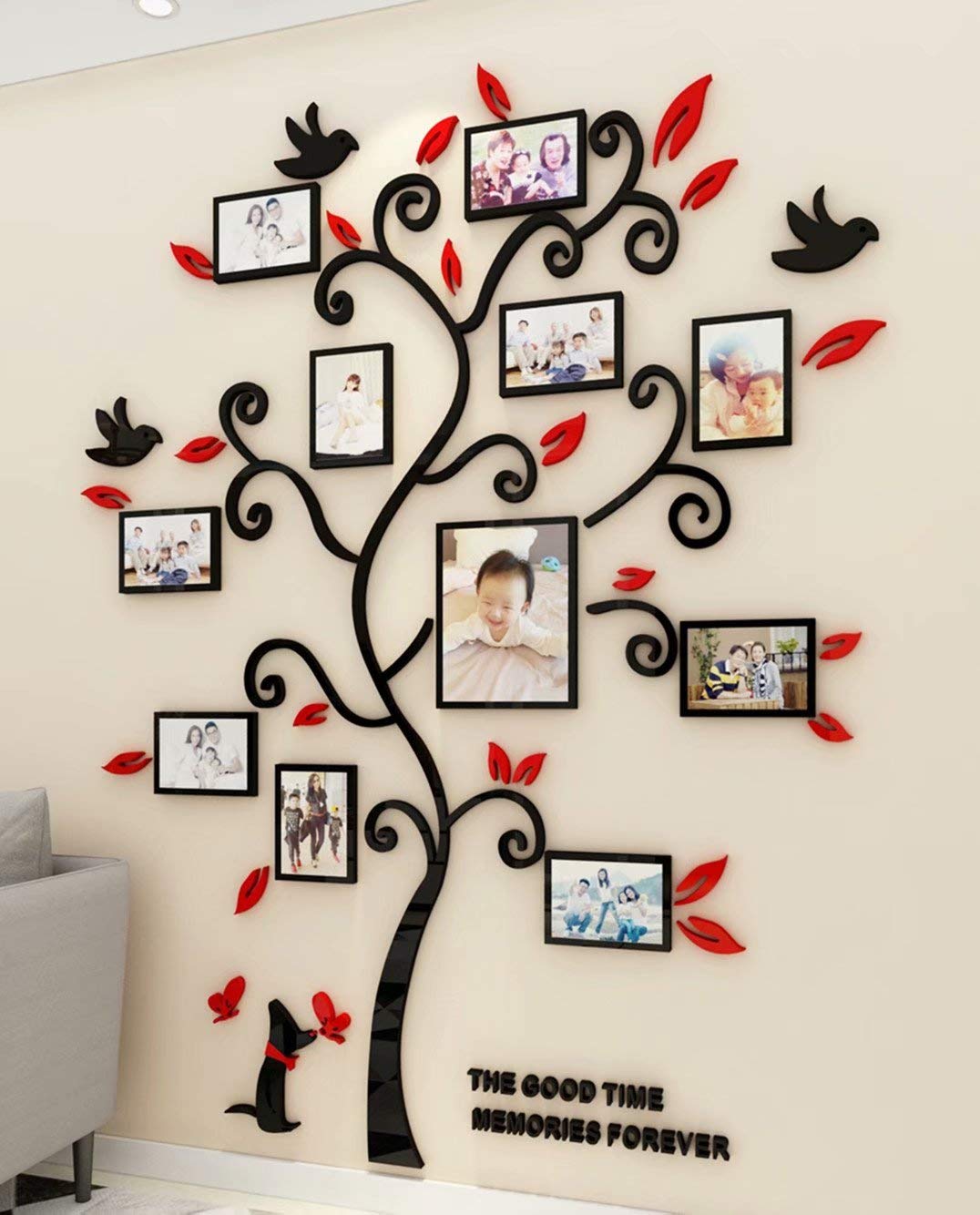 3D Tree Wall Stickers DIY Large Family Photo Frames Tree Cat Wall Decal Art Murals Tree Sticker for Living Room Bedroom Restaurant Home Decor(Red,XL: 195 * 156cm)