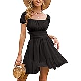 EXLURA Women's 2026 Summer Short Puff Sleeve Casual Short Mini Dresses Tie Back Square Neck A-Line Sundress