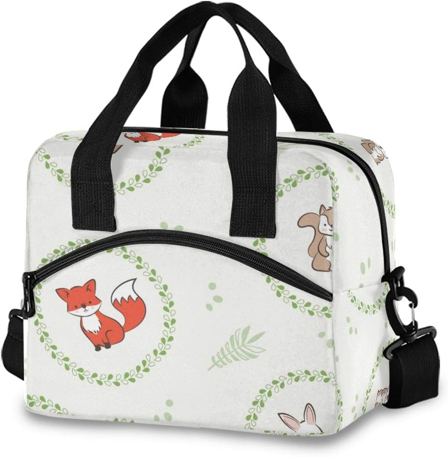 Large Capacity Lunch Bag Doodle Cute Fox Rabbit Reusable Insulated Cooler Lunch Bag Office Work Picnic Beach Lunch Box Organizer with Adjustable Shoulder Strap