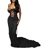 LETSVDO Women's Strapless Lace Dress Bodycon Mesh See Through Lace Up Corset Tube Sheer Mermaid Sexy Party Maxi Dresses
