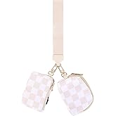 BUNCHBRAVO Wrist Keychain Mini Wallet for Women, Checkered Zip Around Wristlet Wallet, Detachable Dual Coin Purse, Beige and White Plaid