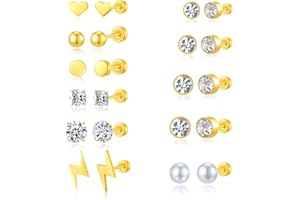 PICKBEAU Stud Earrings Set for Women, 14K Gold Plated Hypoallergenic Heart Pearl Ball Round CZ Stainless Steel Multi-Shape Flat Back Stud Earring Pack, Gold