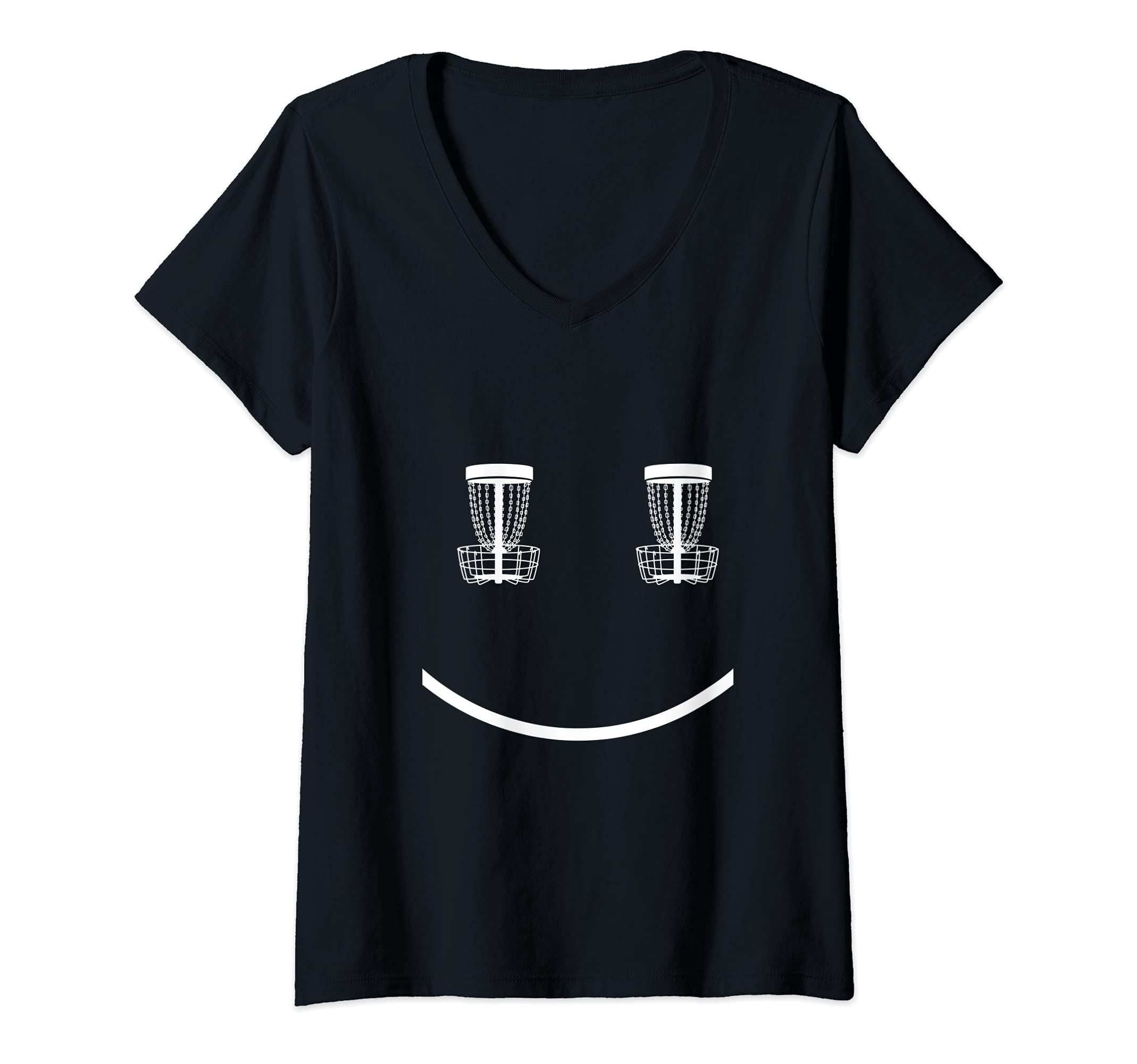 Womens Disc Golf Funny Disc Golf Basket Smile Design V-Neck T-Shirt