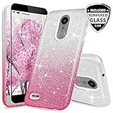 TJS LG Aristo 2/Aristo 3/Aristo 2 Plus/Tribute Dynasty/Tribute Empire/Rebel 3 LTE/Zone 4/Fortune 2/Rebel 4/K8 Plus/Risio 3 Case [Full Coverage Tempered Glass Screen Protector] Glitter Paper Case(Pink)