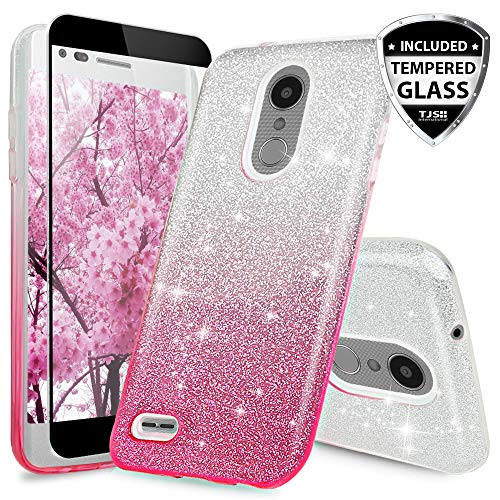 TJS LG Aristo 2/Aristo 3/Aristo 2 Plus/Tribute Dynasty/Tribute Empire/Rebel 3 LTE/Zone 4/Fortune 2/Rebel 4/K8 Plus/Risio 3 Case [Full Coverage Tempered Glass Screen Protector] Glitter Paper Case(Pink)
