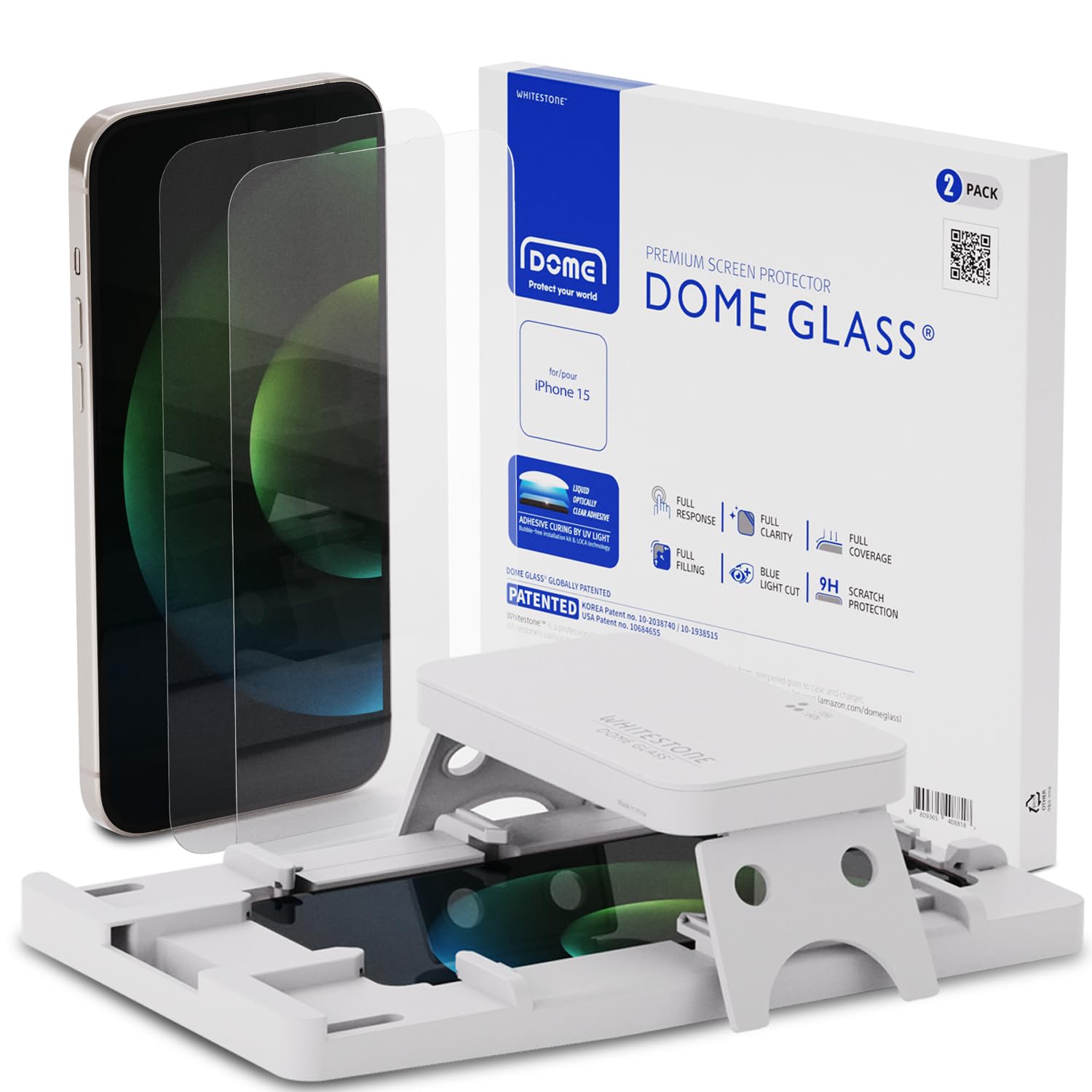 DOME GLASS Whitestone Screen Protector for iPhone 15, Full Tempered Glass Shield with Liquid Dispersion Tech [Easy to Install Kit] Smart Phone Screen Guard - 2pack — image 1