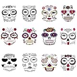 12 Pack Day of the Dead Face Tattoos Sugar Skull Temporary Face Tattoo Halloween Makeup Tattoo for Men and Women