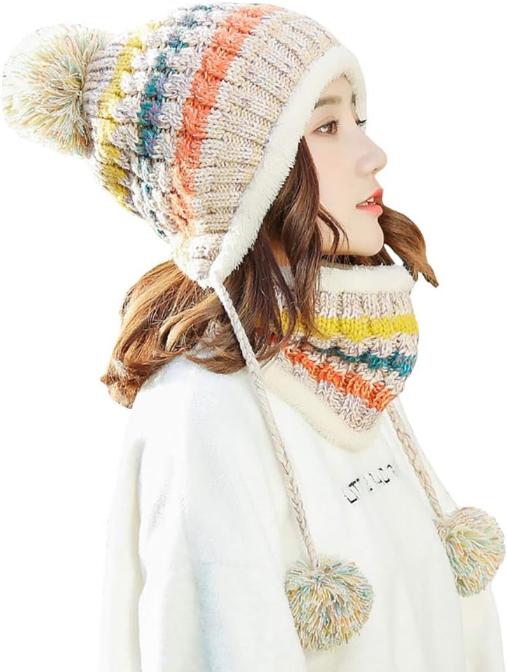 Ypser Women Fleece Lined Beanie Scarf Mask Set Winter Knit Ear Flaps Hat with Pompom