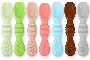 TAMELER Baby Spoons Self Feeding 6+ Months - 7 Pack Silicone First Stage Infant Training Spoons, Baby Led Weaning Untensils for Toddlers, BPA-Free Rainbow Chewable Teething Spoons for Kids - Dishwasher Safe