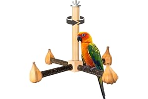 Agape Rotating Parrot Perch Toy with Chew Toy, Natural Wooden Perch Stand for Small & Medium Birds, Bird Cage Accessory with Exercise Wheel for Parakeets Cockatiels Lovebirds Conures Finches Budgies