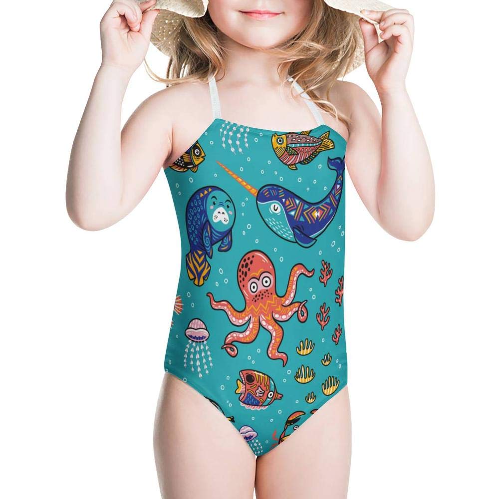 KiuLoam Cartoon Octopus Seal Narwhal Girls Swimwear One Piece Swimsuits Bathing Suit for 3-8 Years Baby Girl