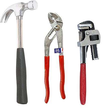 Real stf Multi Hand Tool Kit, Pipe Wrench Stillson 10, Claw Hammer 1/2 Lb Tubular Steel Handle with Rubber Grip, Water Pump plier Slip Joint 10 -3 Pieces