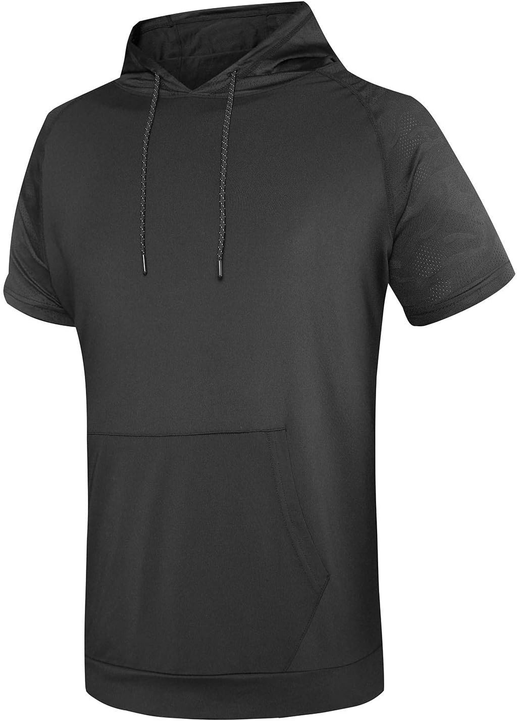WHCREAT Mens Sports T-shirt Short Sleeve Training Top Quick Dry Running Hoodie, Black M