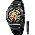 Tiong Mens Watch Luxury Skeleton Mechanical Stainless Steel Waterproof Black Automatic Self-Winding Wrist Watches for Men