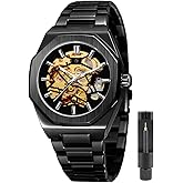 Tiong Men's Mechanical Watch Stainless Steel Men's Luminous Hand Watch, Skeleton Roman Numerals Waterproof Mechanical Watch