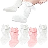 LÉ ÉCLAT 5 PCS Preemie Ruffle Long Socks Baby Knee High Cotton Socks Bows Stocking for Girls Infant Newborn