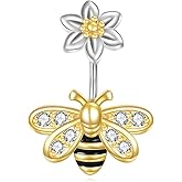 CRMAD Sterling Silver Daisy Bee Belly Button Rings Flower Piercing Jewelry for Women Hypoallergenic (bee)
