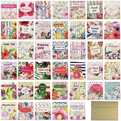 Hatinkaart – Mini Thank You Card - Set of 40 Different Double-Sided Designs - 4" x 3.55" - with 40 Kraft Envelopes
